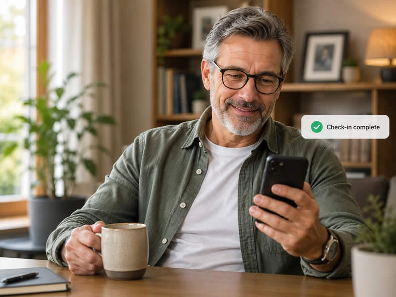 Gentleman sitting at a table drinking coffee whilst checking in on his mobile