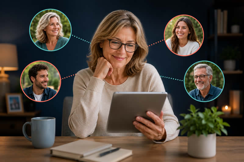 A lady looking at her tablet and thinking about people