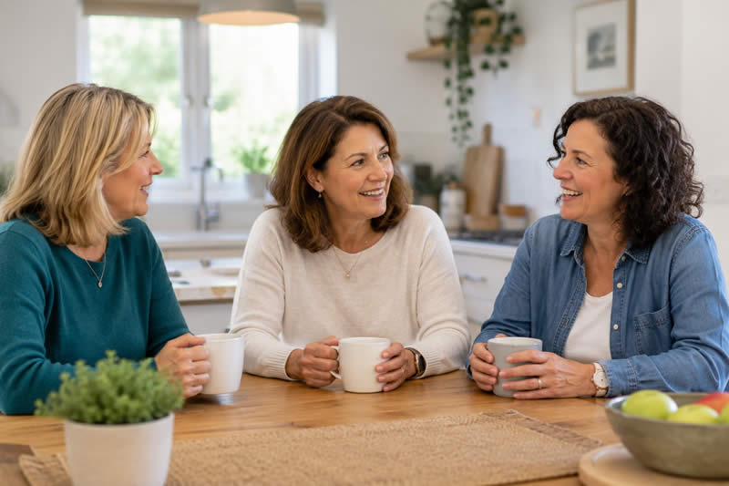 Friends sitting at a table talking with coffee