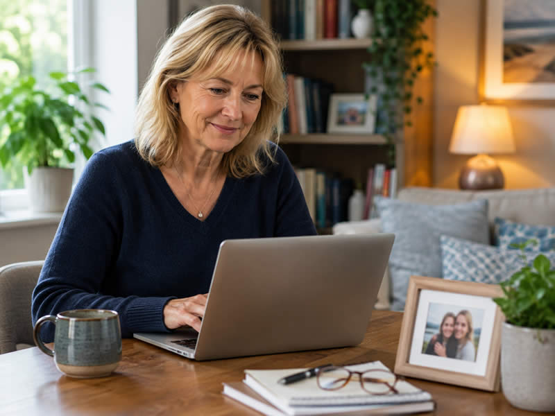 A lady at her laptop, smiling whilst writing her messages for later