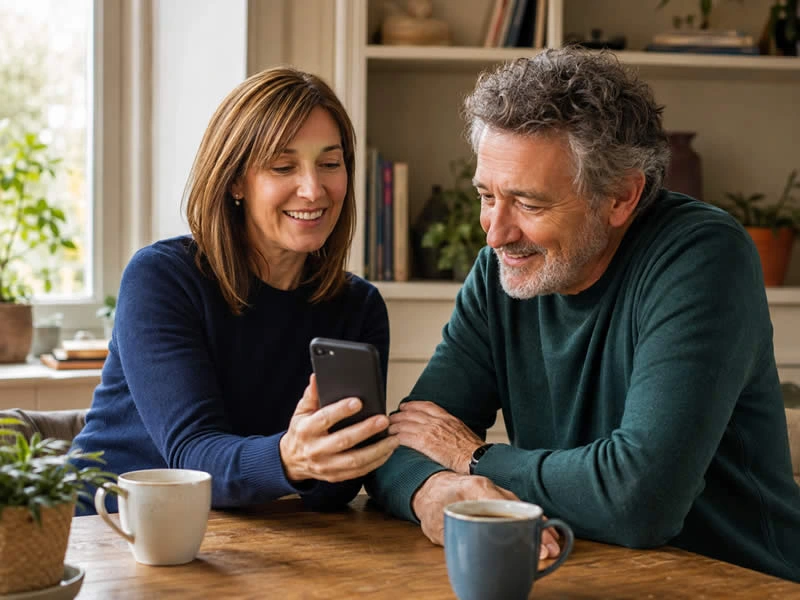 Two trusted adults looking at a mobile phone together at home.